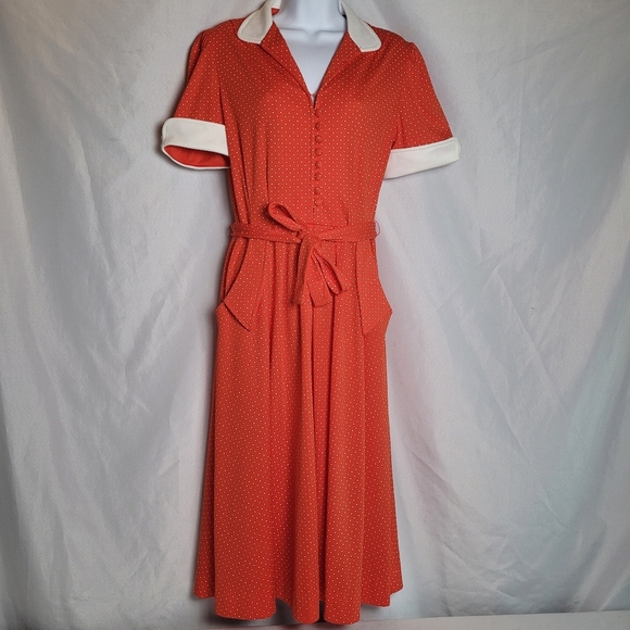 VTG 50's/60's Red/White Micro Dot Rockabilly Pinup Retro Midi Dress Women's M - Picture 1 of 14